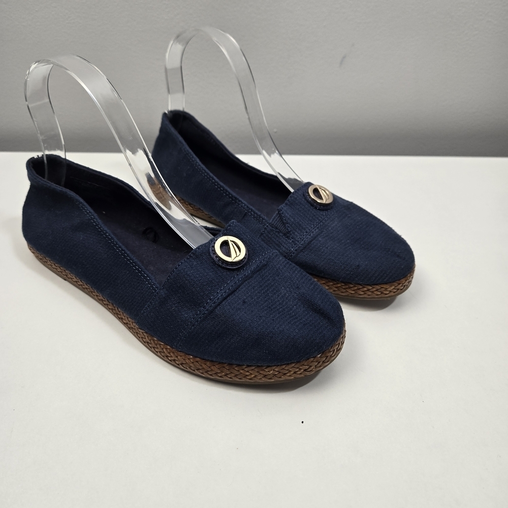 Nautica Women's Navy Loafers with Brown Braided Sole